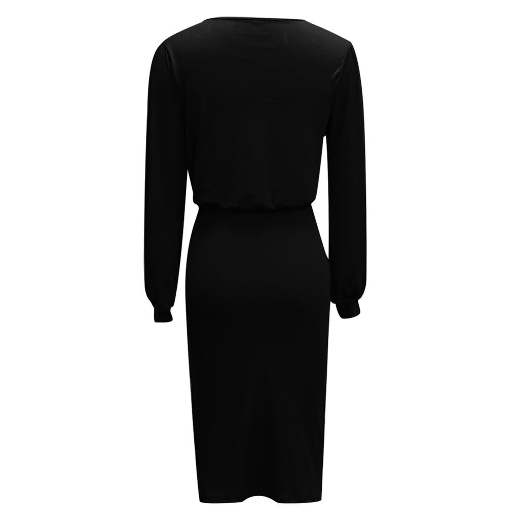 Women's Fashion Color Round Neck Waist Long Sleeve Slit Bag Hip Dress