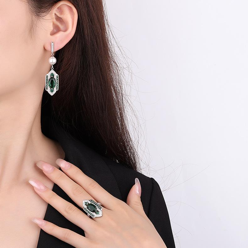 Classical Style Jewelry Set New Chinese Emerald Ring Earrings Green Vintage High-end