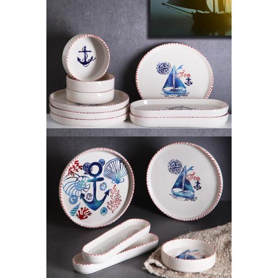 Set de mic dejun marin realizat manual de 14 piese pentru 6 persoane - Set de prezentare pentru mic dejun de lux