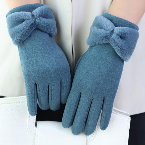1 Pair Bowknot Decor Thickened Solid Color Women Gloves Autumn Winter Double-sided Fleece Touch Screen Driving Gloves
