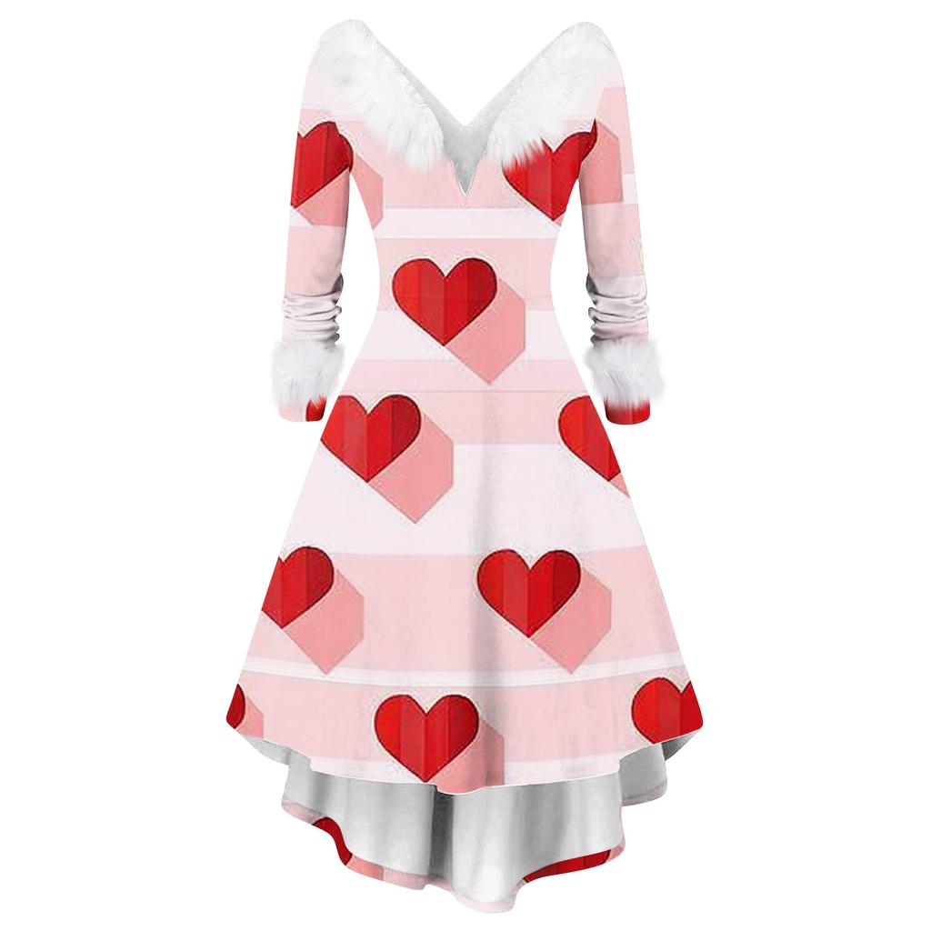 Damen stilvolles und elegantes langärmeliges V-Ausschnitt Kleid mit Valentinstags-Herzprint