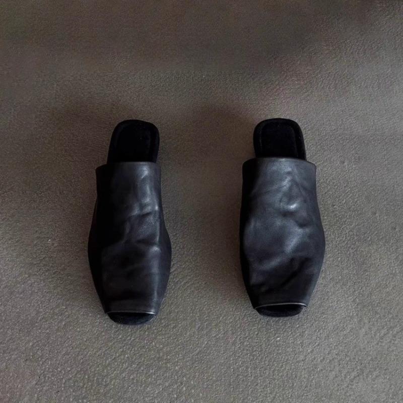 Fashion Summer New Women Shoes Square Toe Low-heel Shoes Slippers Retro Cowhide Leather Shoes for Women Casual Mules for Women Sandals