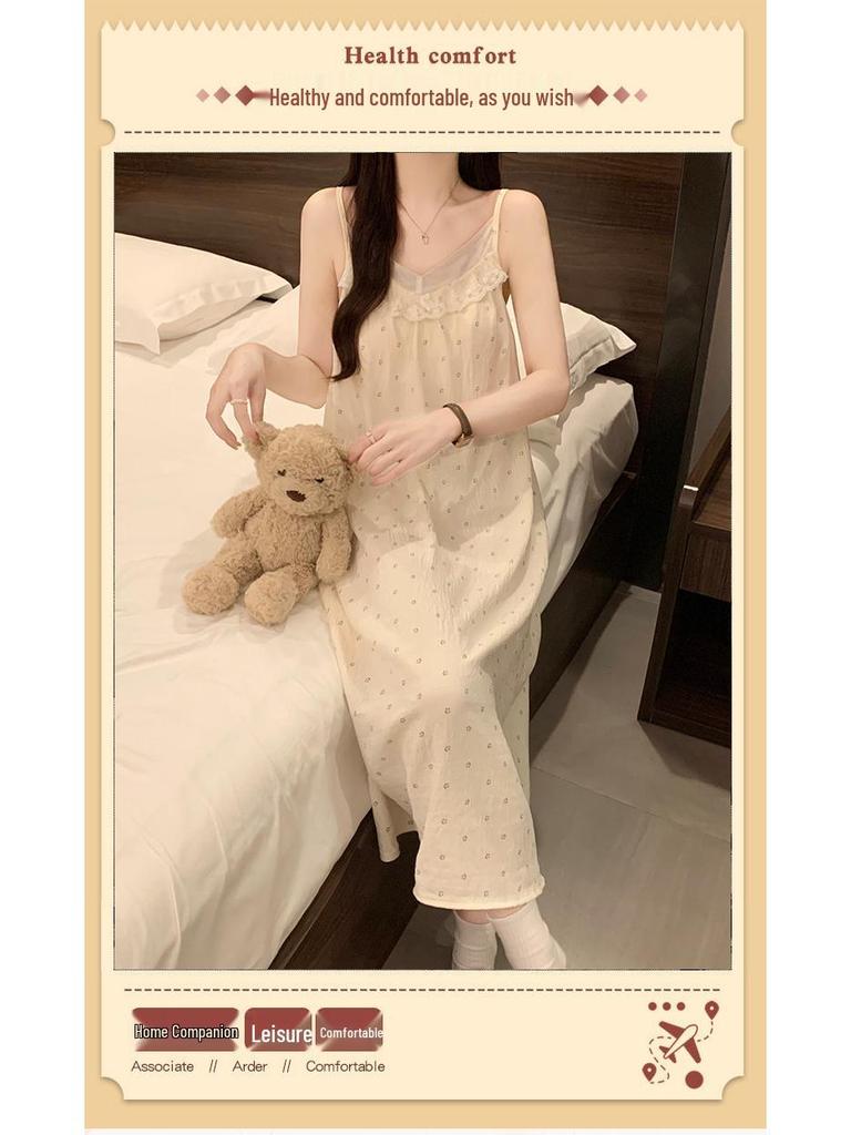 2026 Women's Cloud Cotton Spaghetti Strap Nightgown with Chest Pads, Sweet Long Dress for Home or Outdoors
