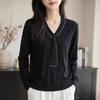 Autumn/Winter Fine Wool Silk V-Neck Knit Long Sleeve Loose Pullover Top