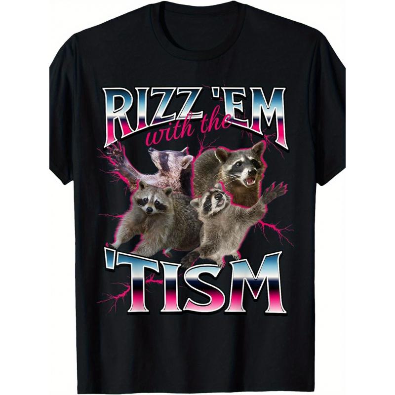 Maglietta Grafica Divertente sull'Autismo Rizz Em with The Tism Meme Procione Autistico Moda Britannica, Cotone Morbido Unisex, T-shirt, Abbigliamento Casual Conveniente,