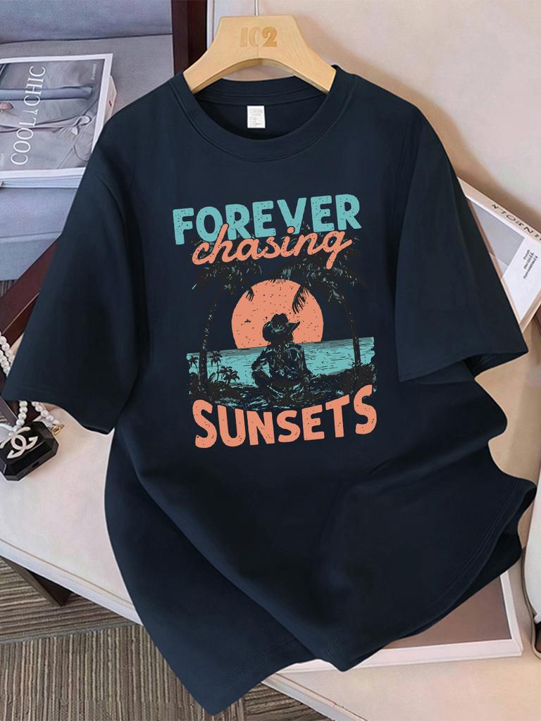 Summer T-Shirts Cotton Womens Forever Chasing Sunsets Cowgirl Printing Short Sleeve Comfortable Soft O-Neck Tops Basic Clothes