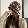 Drawstring Roll Brim Knit Beanie Fair Isle Pattern Beanie Retro Slouchy Hat  Autumn Winter