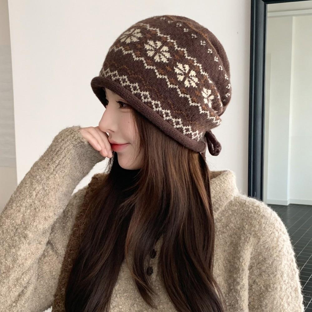 Drawstring Roll Brim Knit Beanie Fair Isle Pattern Beanie Retro Slouchy Hat Autumn Winter