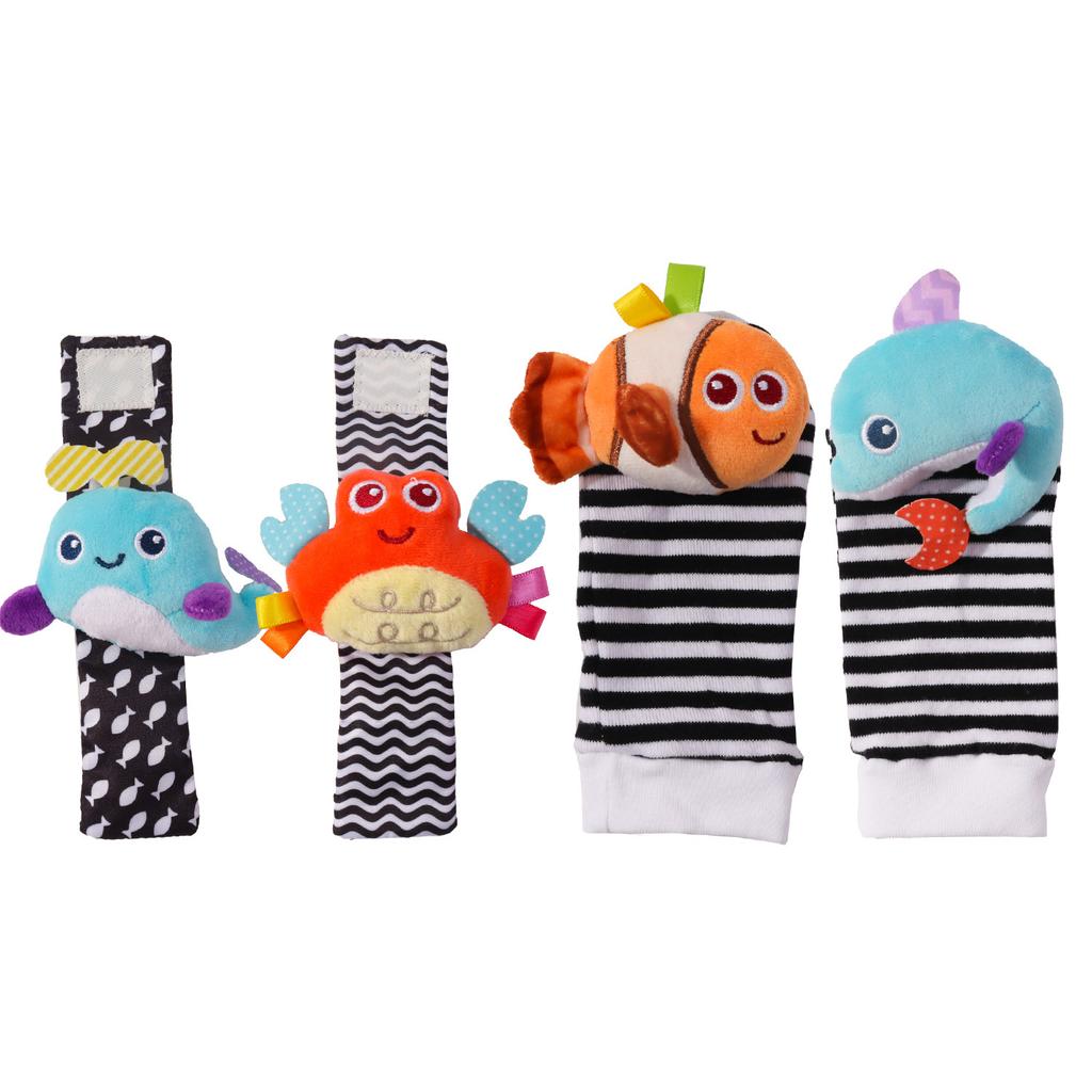 Baby Rattles Socks Toys 0 12 Months Newborn Infant Cartoon Plush Socks Wrist Strap Foot Finder and Wrist Rattles Toys for Babies