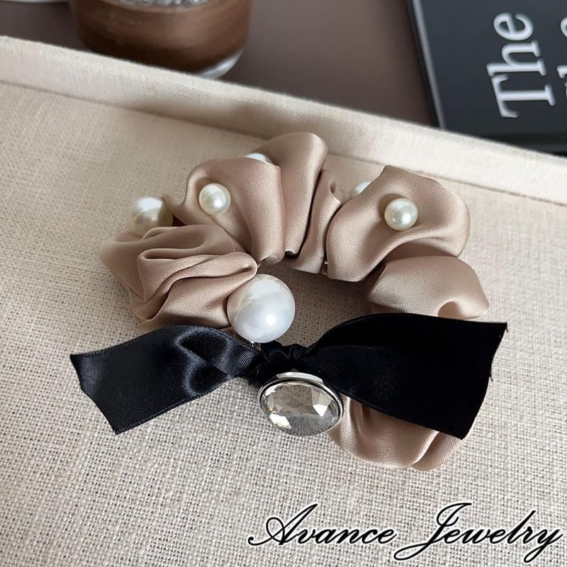 Avance Hair Jeweled Hair Pearl Cute and Adult Khaki Accessories, Ribbon, Tie, Scrunchie, Women's, Black, Beige, (Beige)