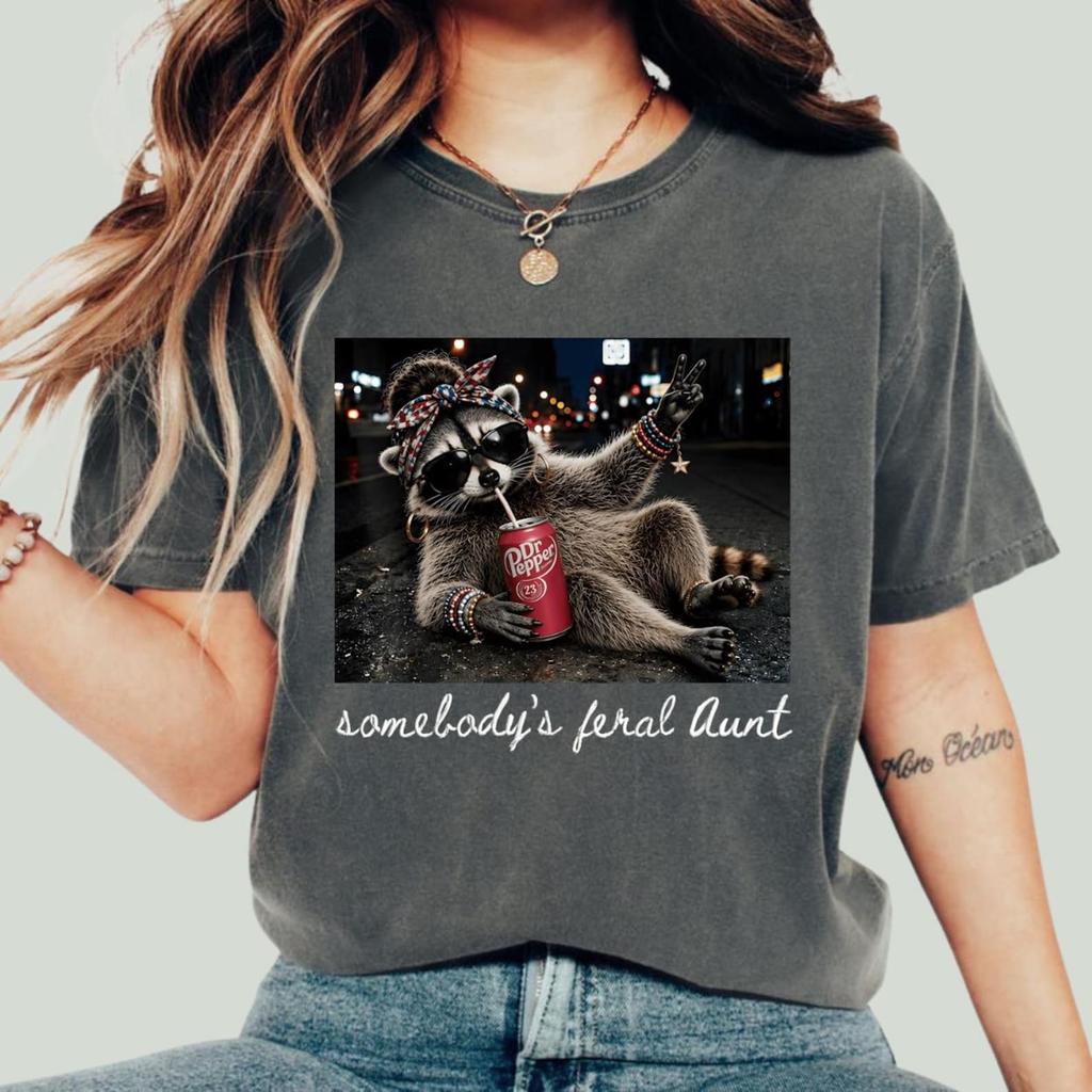 Somebody's Feral Aunt Comfort Colors Shirt, Funny Raccoon Aunt Tee, Cool Auntie Club Gift, Promoted to Aunt Pregnancy Reveal Shirt