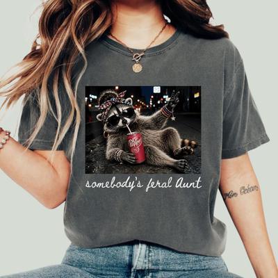 Somebody's Feral Aunt Comfort Colors Shirt, Funny Raccoon Aunt Tee, Cool Auntie Club Gift, Promoted To Aunt Pregnancy Reveal Shirt