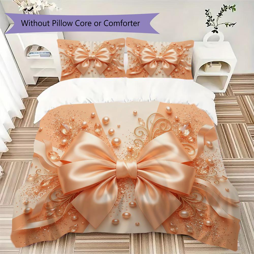 Luxury Ribbon Bow Pattern Bedding Uilt Set Uilt Cover Pillowcase Home Decoration Birthday Gift (1 * Duvet Cover + 2 * Pillowcase Without Core)