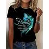 European Size Loose Fit Crew Neck T-Shirt - Artistic Green Butterfly and Inspirational Family Quotes Print, Machine Washable Casual Short Sleeve Top