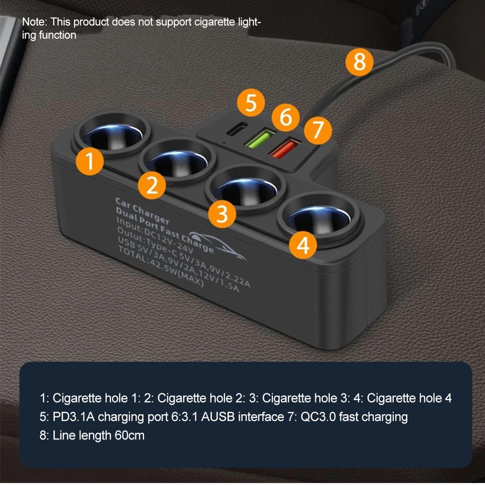 Adaptador de encendedor de cigarrillos para coche de 12V/24V Nuevo enchufe 4 en 1 Cargador de 3.1A Cargador USB para coche USB para coche+QC3.0+PD3.1A Accesorios de cargador de coche