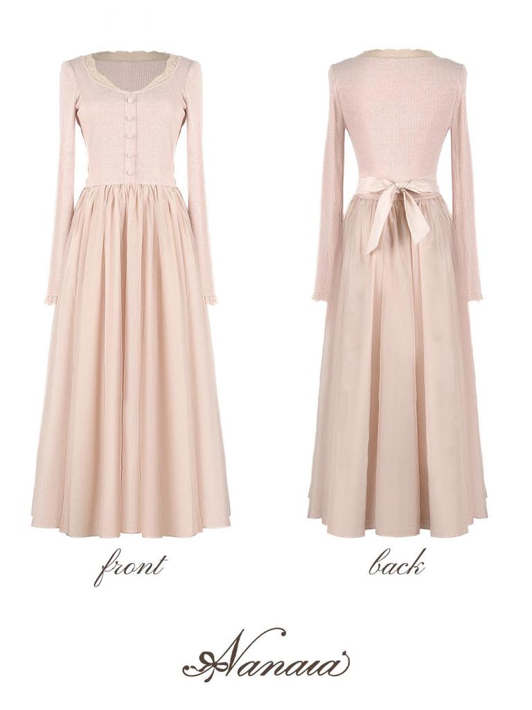 Sweet Narcissus Camellia Knit Dress with Lace Ruffle Collar & Flowy Gauze Skirt