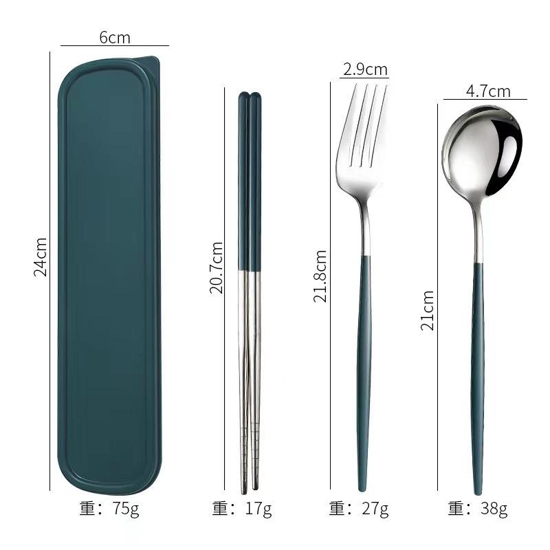 Stainless steel tableware, convenient student spoon, fork, chopstick three-piece set, travel storage set