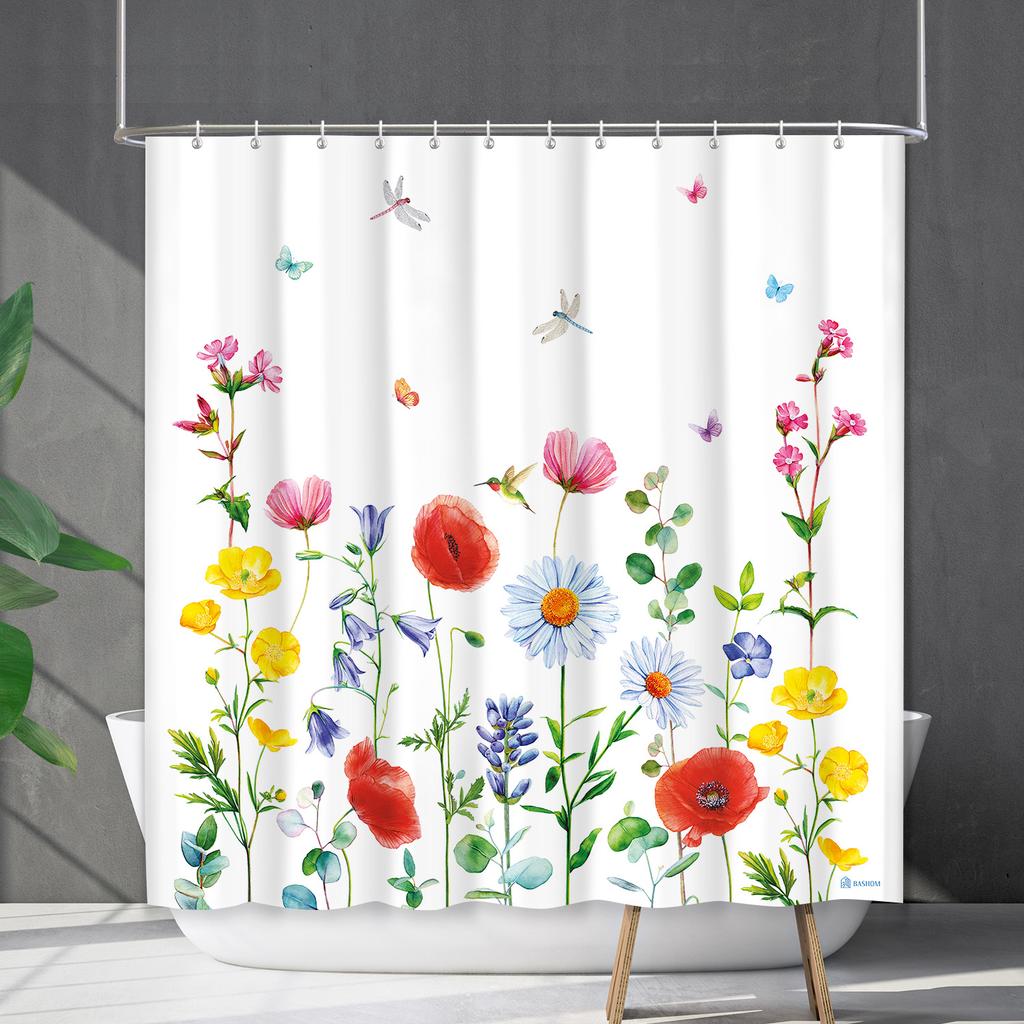 Duschvorhang Wasserdicht Und Schimmelresistent 3D Digitaldruck Pflanze Blume Und Gras Duschvorhang Badezimmer Trennvorhang