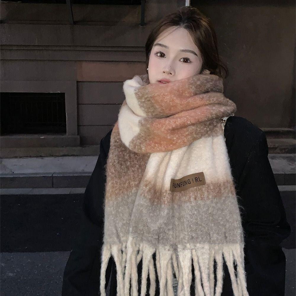 Korean Style Women's Cashmere Shawl Thickened Winter Scarves Fashion Knitted Stripe Scarf  Girls