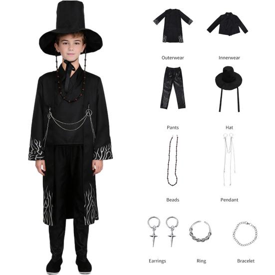 1 Set Black Hunter Costume Set Well-Crafted Traditional Clothing Role-playing Props Coat Trousers Hat Chain