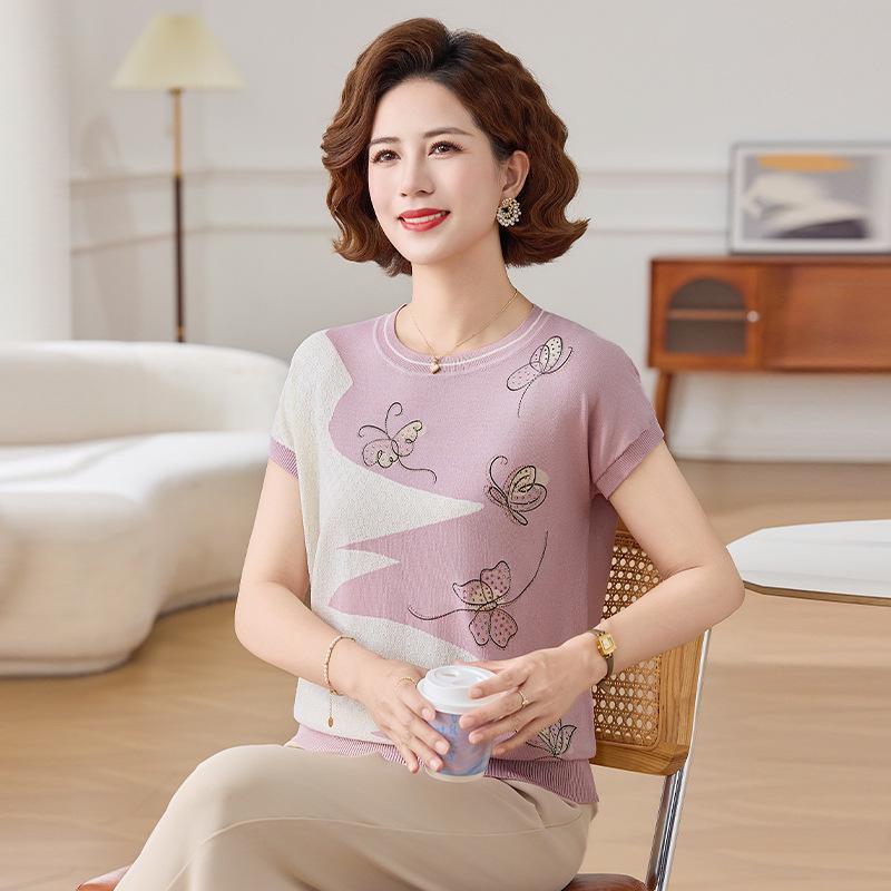 

Women s Summer Ice Silk Short-Sleeve Knit Top - Loose Fit, Round Neck for Middle-Aged and Older 3XL (135-160 jin)