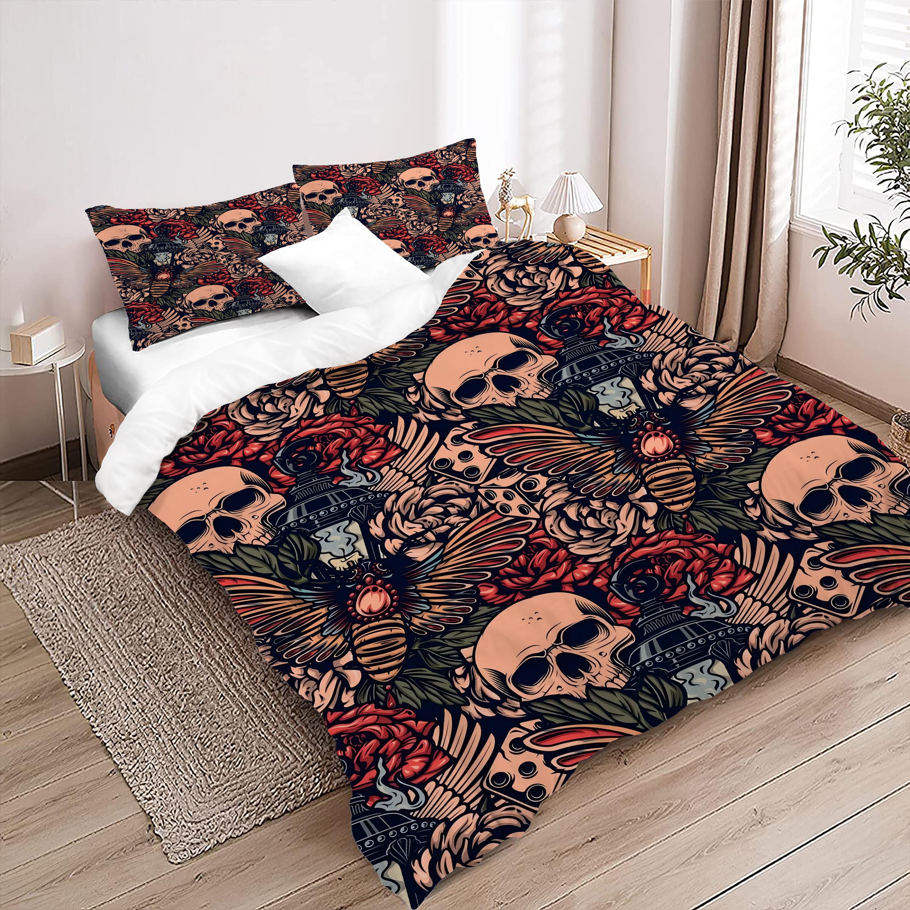 

Skull Flower Pattern 3D Print Duvet Cover Halloween Gothic Style Bedding Set Pillowcase Polyester Soft Comfortable Quilt Cover 135x200cm 2pcs