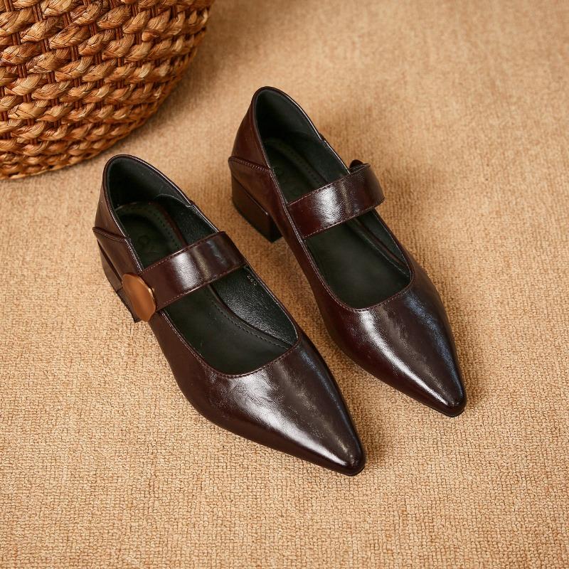 French Block Heel Single Shoes Women Spring and Autumn New Metal Buckle Pointed Toe Shallow Mouth One Belt Mary Jane Shoes