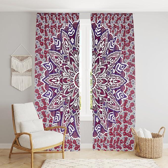 BLESS INTERNATIONAL Beautiful Indian Bohemian Psychedelic Hippie Tree of Life Window Curtain Panels for Bedroom, Living(Blue Red Passion Flower)