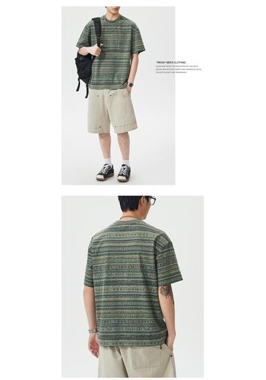 Men's Vintage Ethnic Striped Short Sleeve Loose T-Shirt