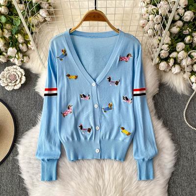 Summer Autumn Women V-neck Full Sleeve Cartoon Embroidery Dog Single Breasted Knitted Sweater Coat