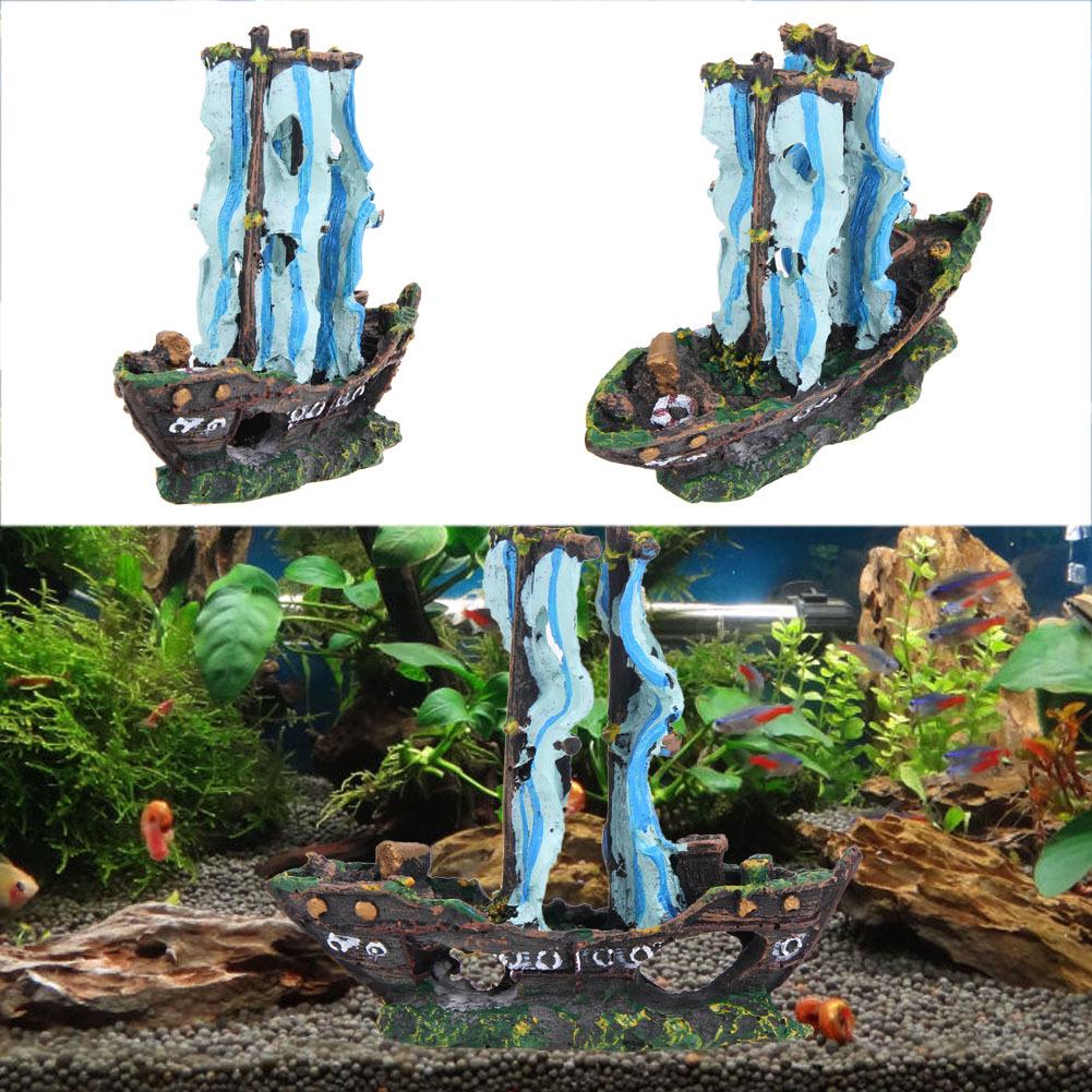 Aquarium Resin Pirate Ship Decoration – Sunken Sailboat & Hiding Spot