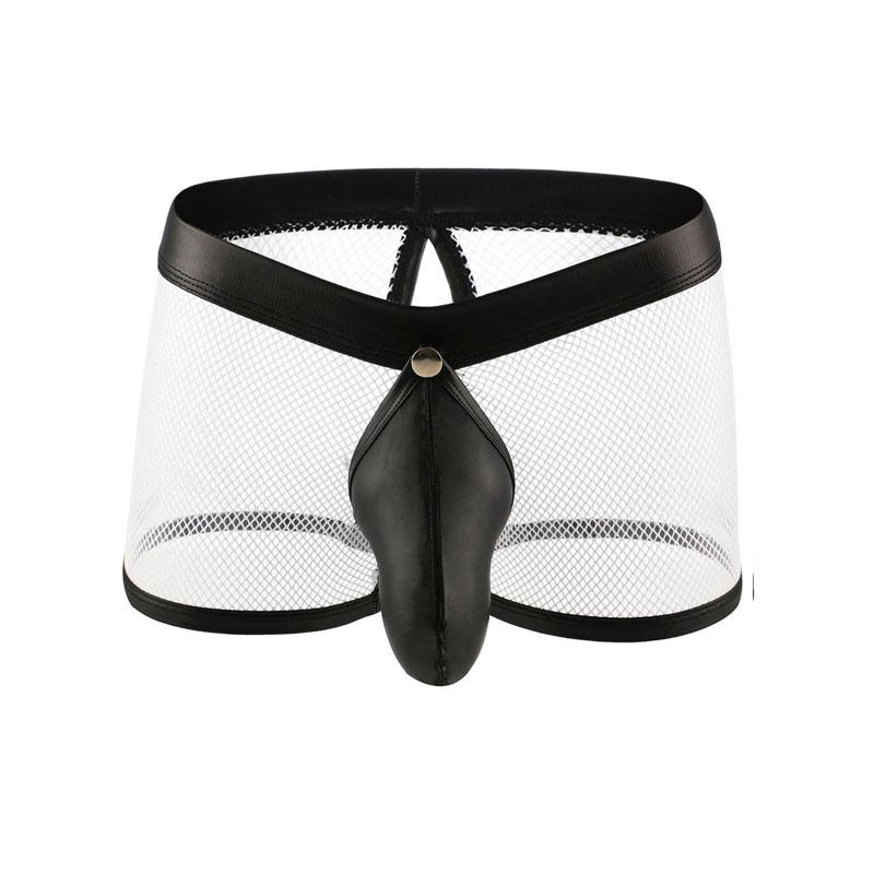 Sexy Men Faux Leather U Convex Pouch Boxers Mesh Sheer Open Crotch Cock Ring Breathable Underwear Gay Wear Plus Size F11