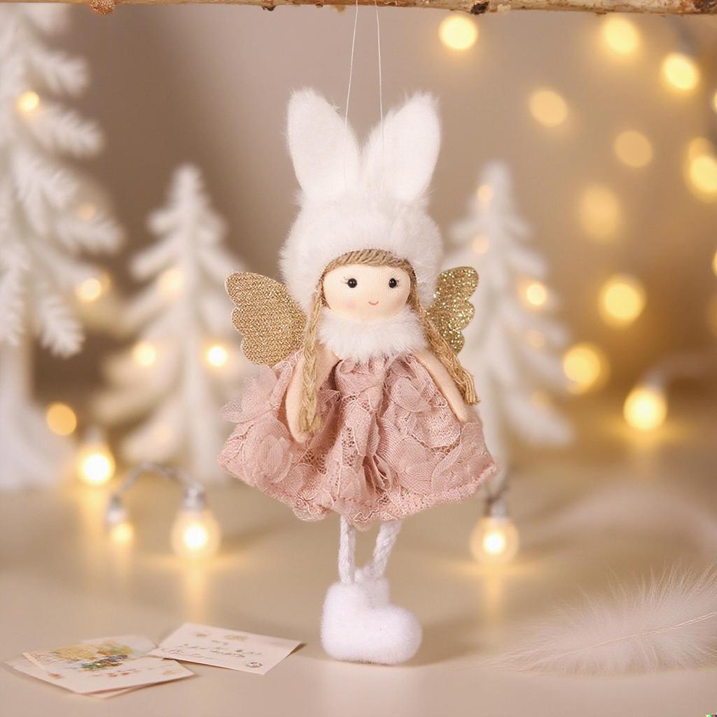 Ming Guan Christmas Reindeer Angel Pendant with Plush, Cute Rabbit Ear Doll, Tree Decoration