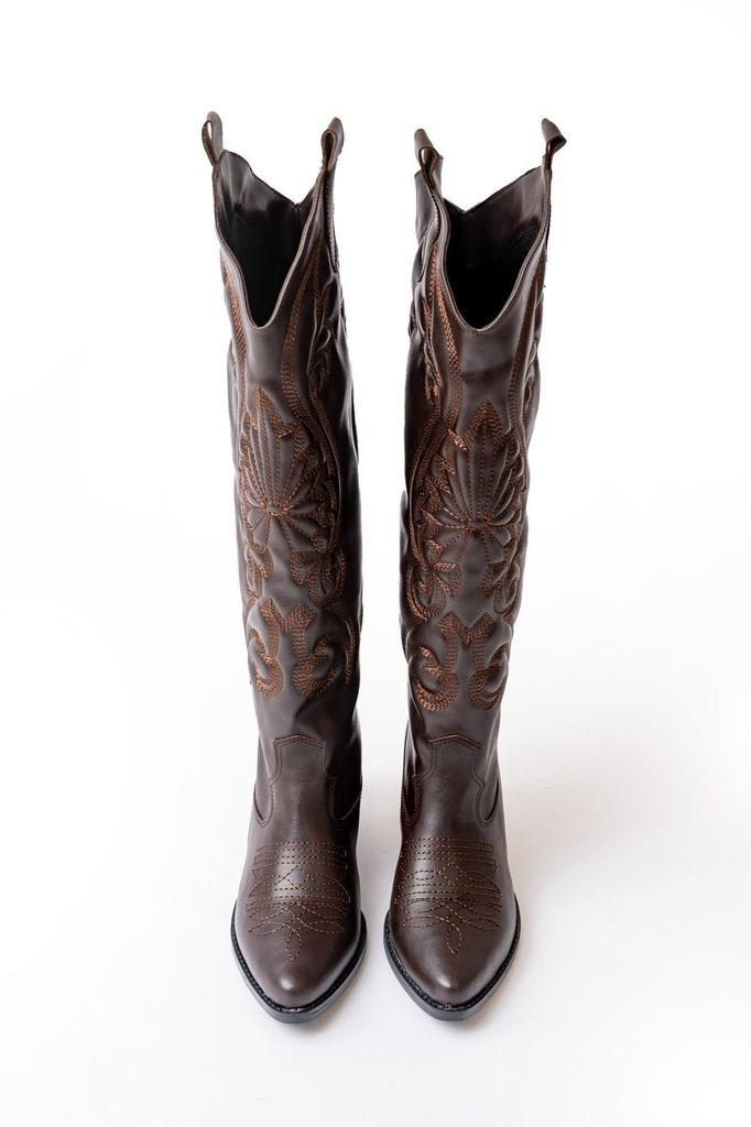 Women Modern Stylish Fashion Boots Faux Leather Suede Black Leather Embroidered Medieval Cowboy Long Boots