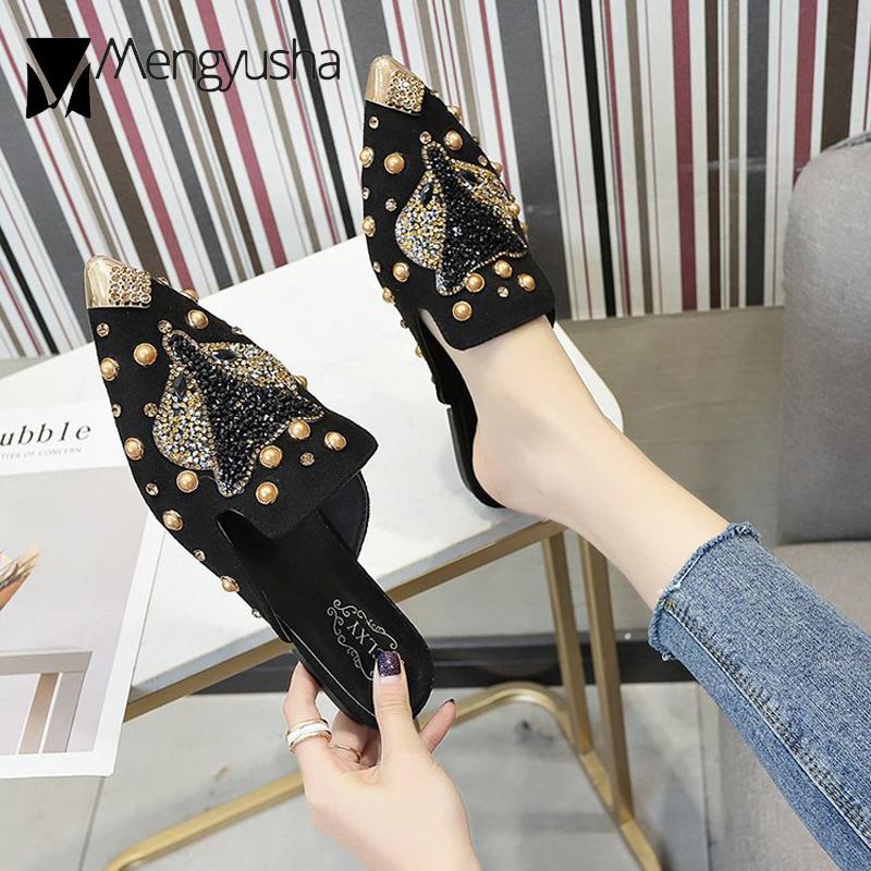 Fashion 2024 Crystal Fox Slippers Women Rivets Mules Ladies Flats Slides Slip On Loafers Metal Pointed Toe Flipflops Rhinestone Shoes