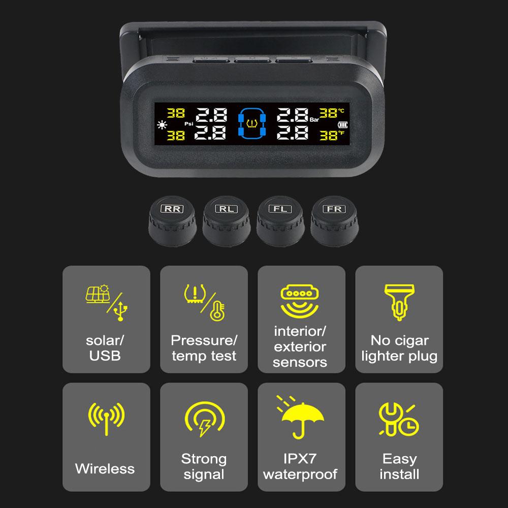 Car Digital TPMS LCD Display Tire Pressure Monitoring System Solar TPMS Automotive Security Alarm Set Cartronics 4 Tire Sensors