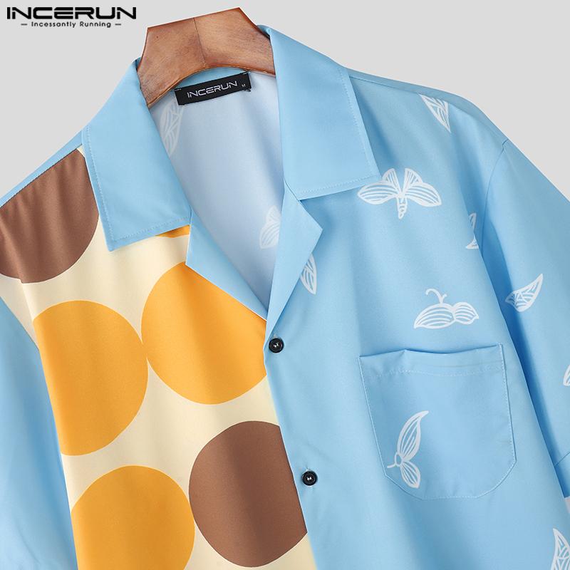 INCERUN Oversized Men Lapel Neck Short Sleeve Polka Dots Print Buttons Casual Loose Shirts Tops
