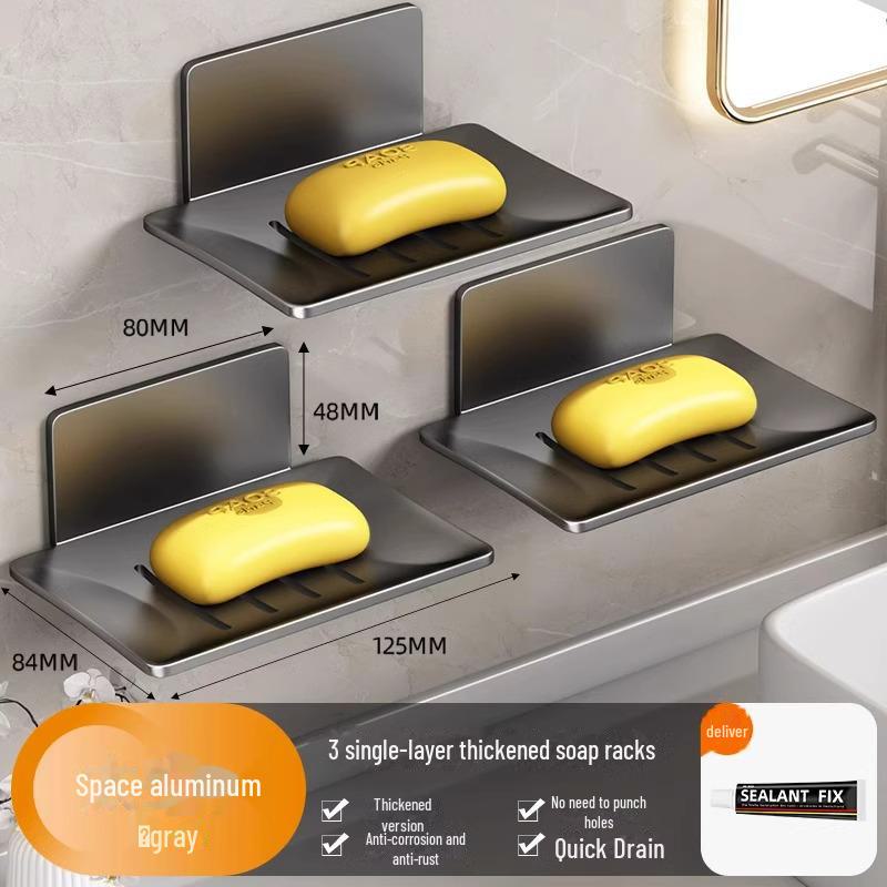 Punch-Free Wall-Mounted Soap Rack, Space-Saving Aluminum with Dual Drain Design