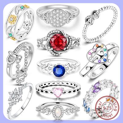 New 925 Silver Rings Red Pink Blue Stone Rings Simple Stackable Women Original Rings For Wedding Party Jewelry Gift