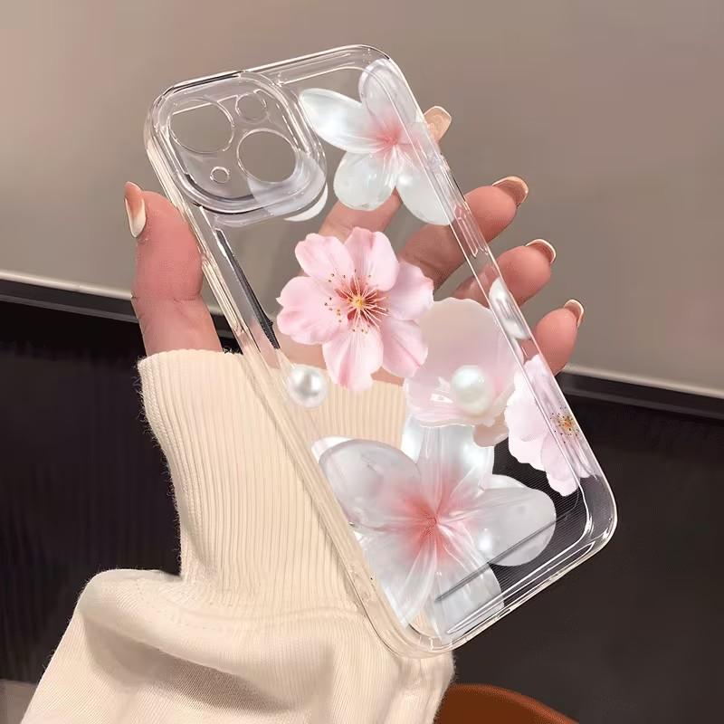 Peach Blossom Pearl Print Transparent Phone Case For Iphone 17 Air 16 16e 15plus 14 13 12 11 Pro Max Soft Clear Protective Cover