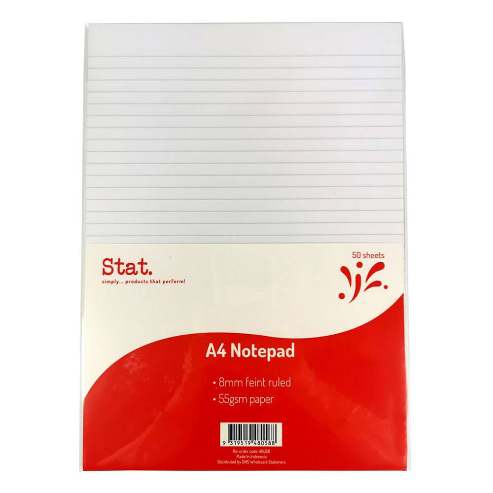 Stat Notepad 8mm Ruled 50 Sheets A4 (White) (Unpunched)