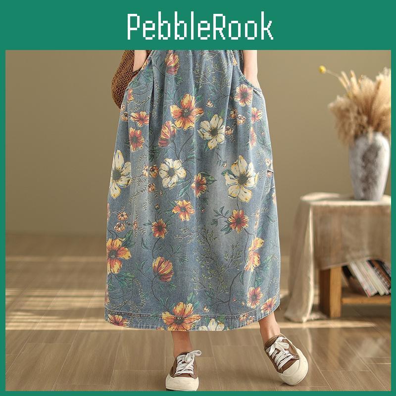 Denim Women Spring Midi Autumn Skirt Elastic Waist Floral Print Vintage Skirt Retro Elegant Ladiess Skirt With Pockets
