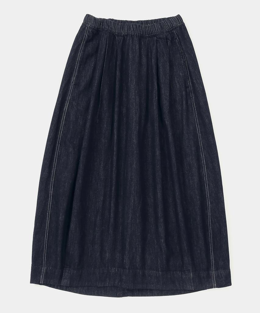 Columbia University All-Round Pleats Denim Long Skirts Indigo Denim
