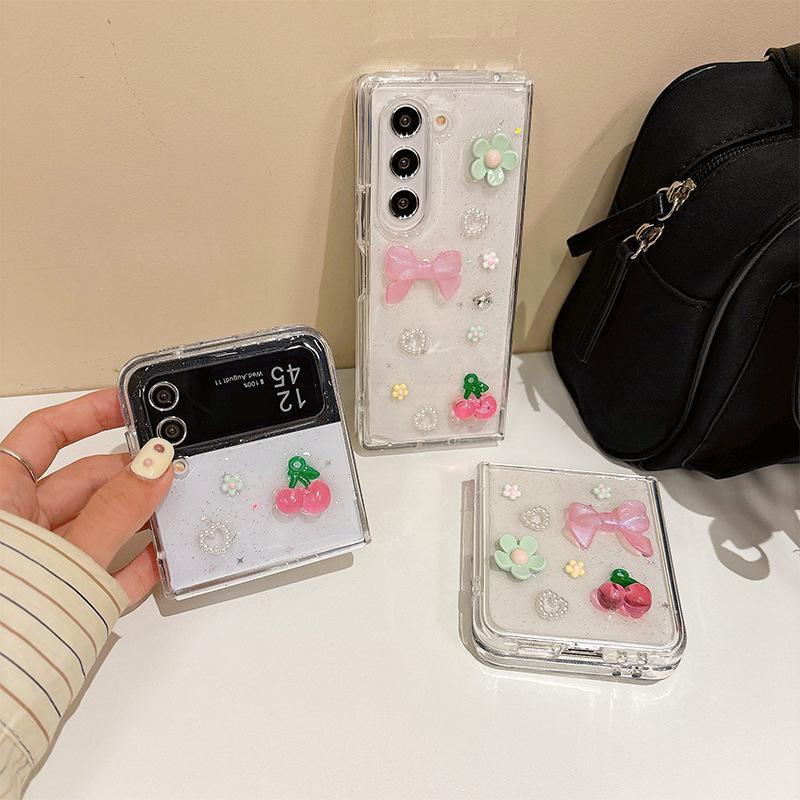 Small Fresh Cherry Bow Flower Mobile Phone Case for Samsung Zflip6 Flip Folding Screen Zfold5 Hard Case