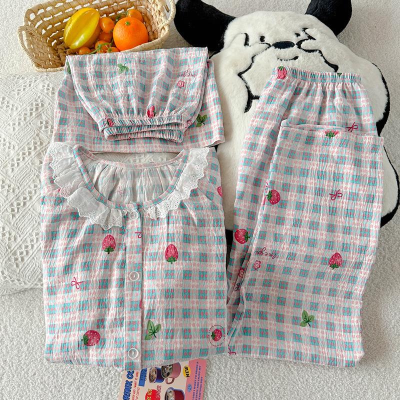 Cute Strawberry Pajamas Women'S Summer Short-Sleeved Cloud Cotton Round Neck Lace Loungewear Three-Piece Set