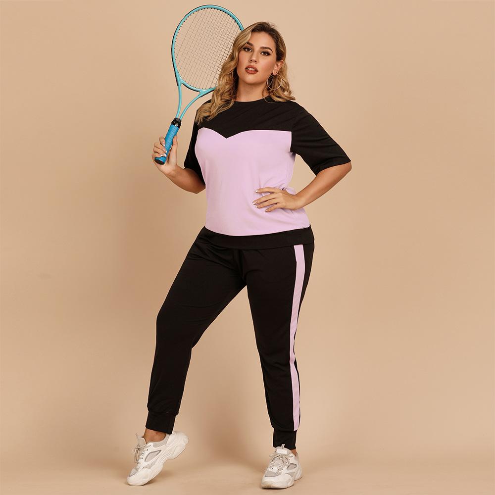 Large Size Women's T-shirt Pants Suit Summer Color Contrast Round Neck Shirt Elastic Waist Pants Loose Casual Sports Suit