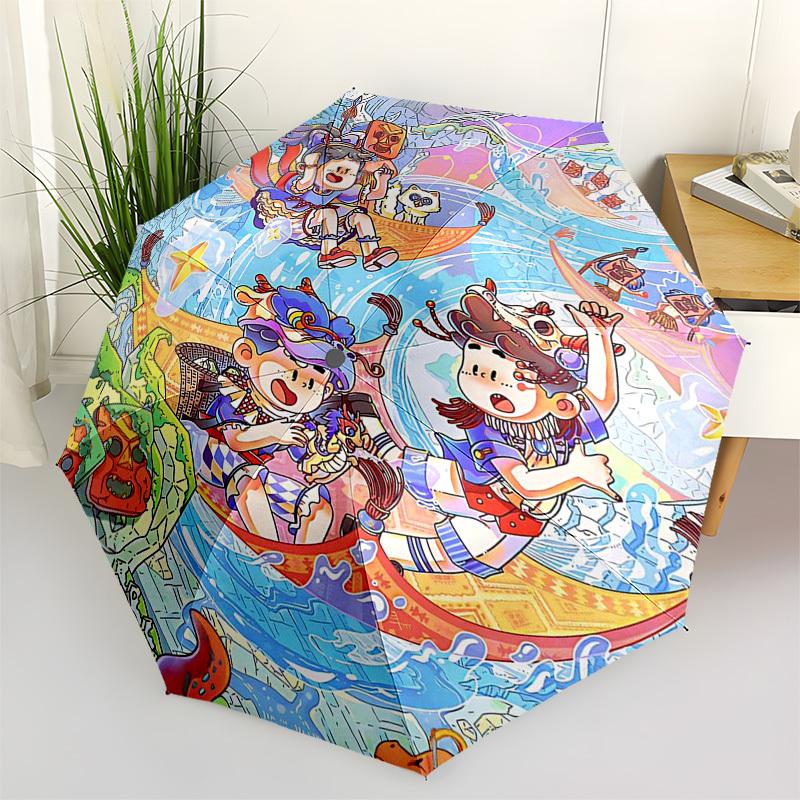 

1pc Outdoor Umbrella with Dragon Boat Festival Characters - Automatic Opening/Closing, Portable Tri-Fold Design, 8-Rib Iron Frame - Perfect Gift
