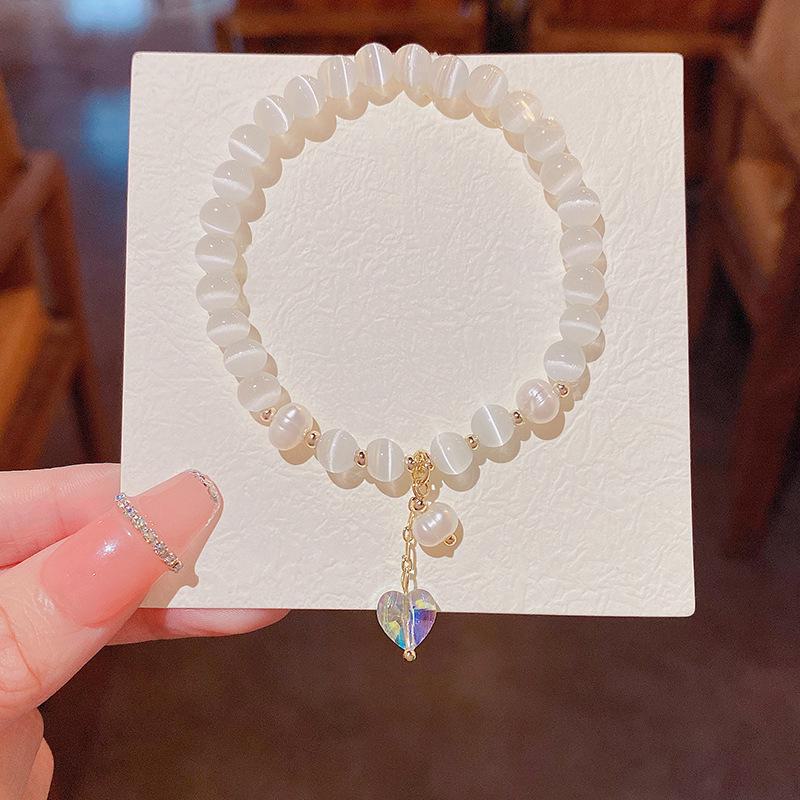 Trendy Korean Cat's Eye Pearl Bracelet with Crystal Love Pendant for Women