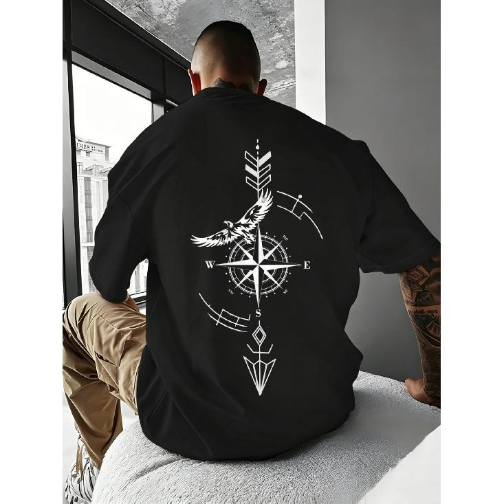 Men's Oversized Black Short Sleeve Tee with Eagle Compass Graphic Back Print, Soft Cotton Blend for Streetwear & Casual Daily Wear