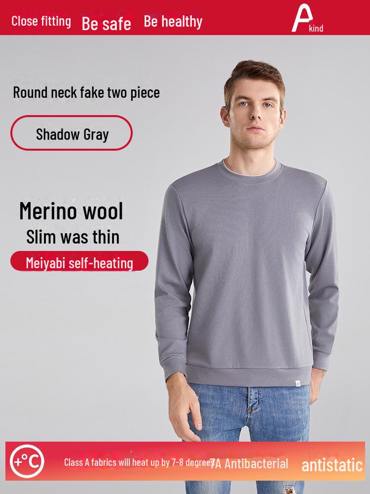 

Men s Autumn Merino Wool Blend Fleece Sweater Round neck fake two-piece, 3XL сірий колір/напівтемрява